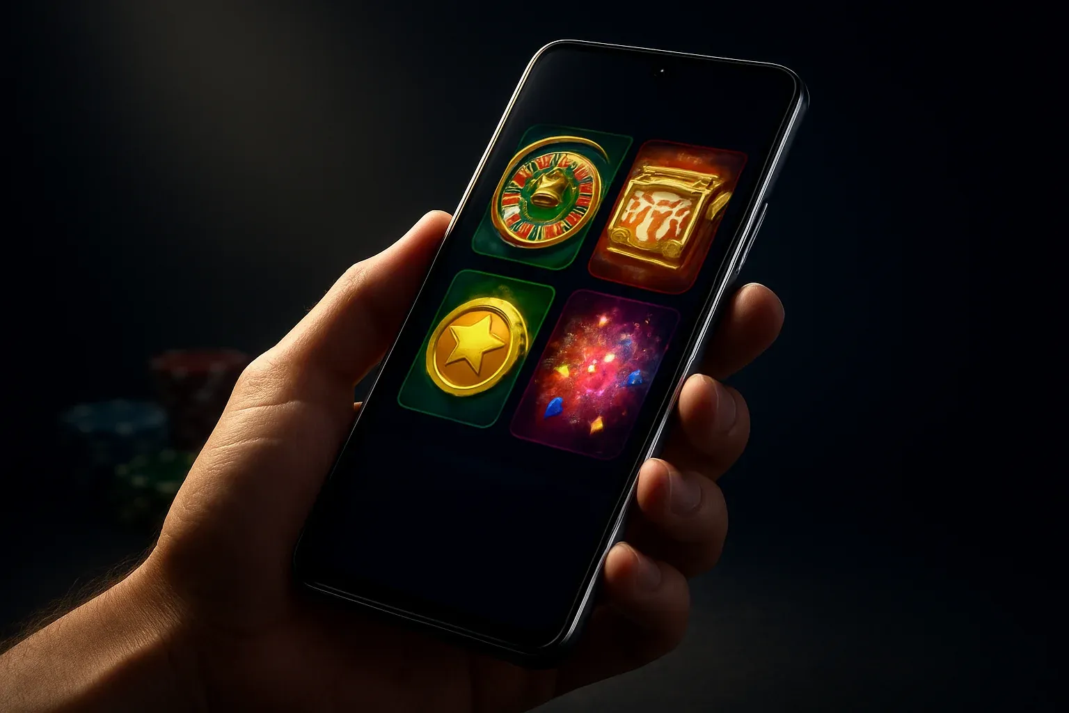 Hyperrealistic Android smartphone showing premium casino app interface, dramatic lighting