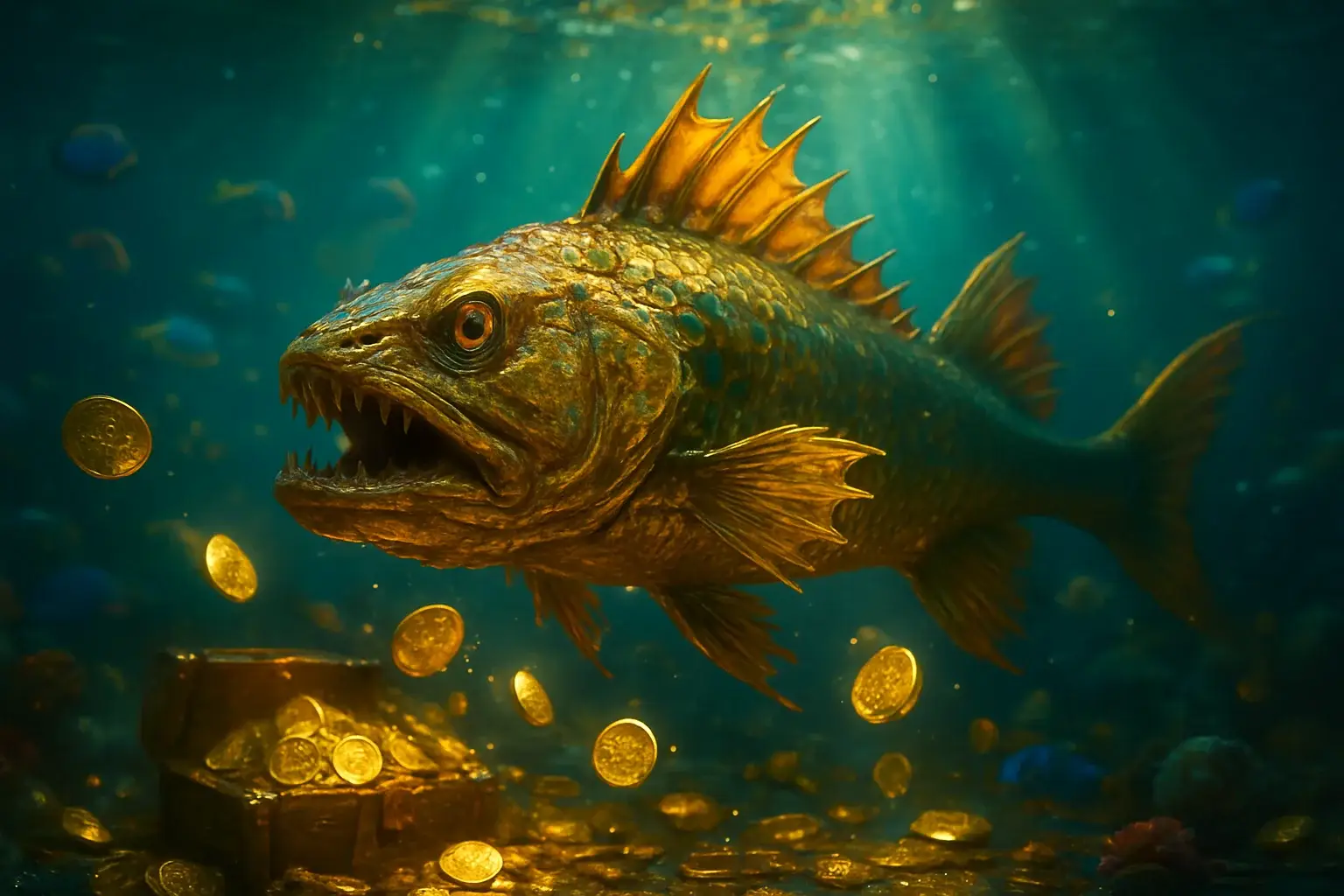 Hyperrealistic underwater golden dragon fish surrounded by glowing coins and treasure