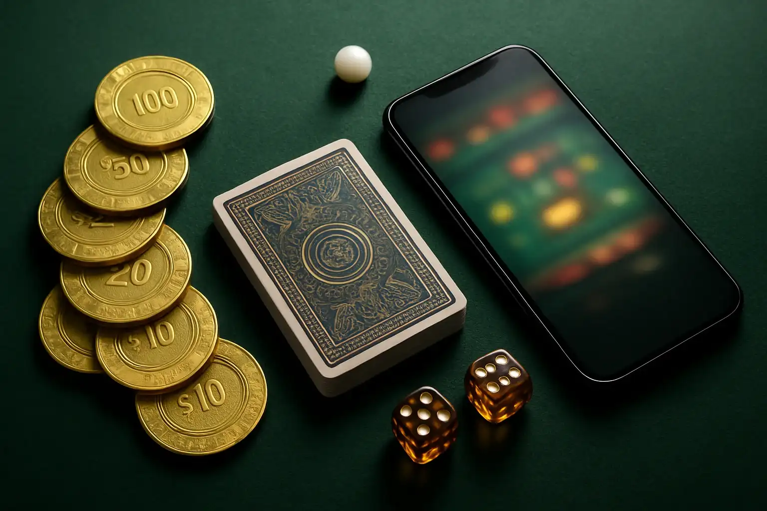 Top-down casino table with golden chips, cards, dice, roulette ball, smartphone