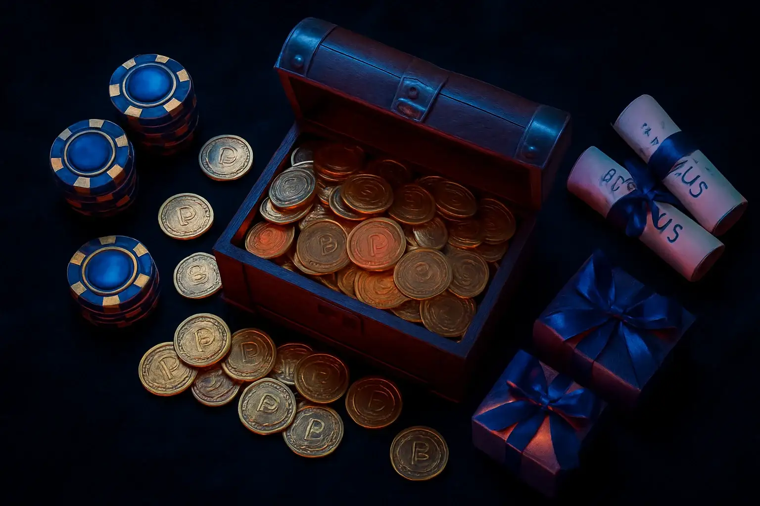 Overflowing treasure chest with gold coins, casino chips, vouchers, and gift boxes