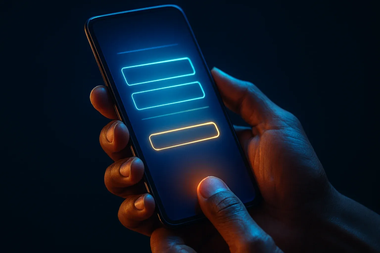 Filipino man hands holding smartphone with blurred registration form, blue gold glow