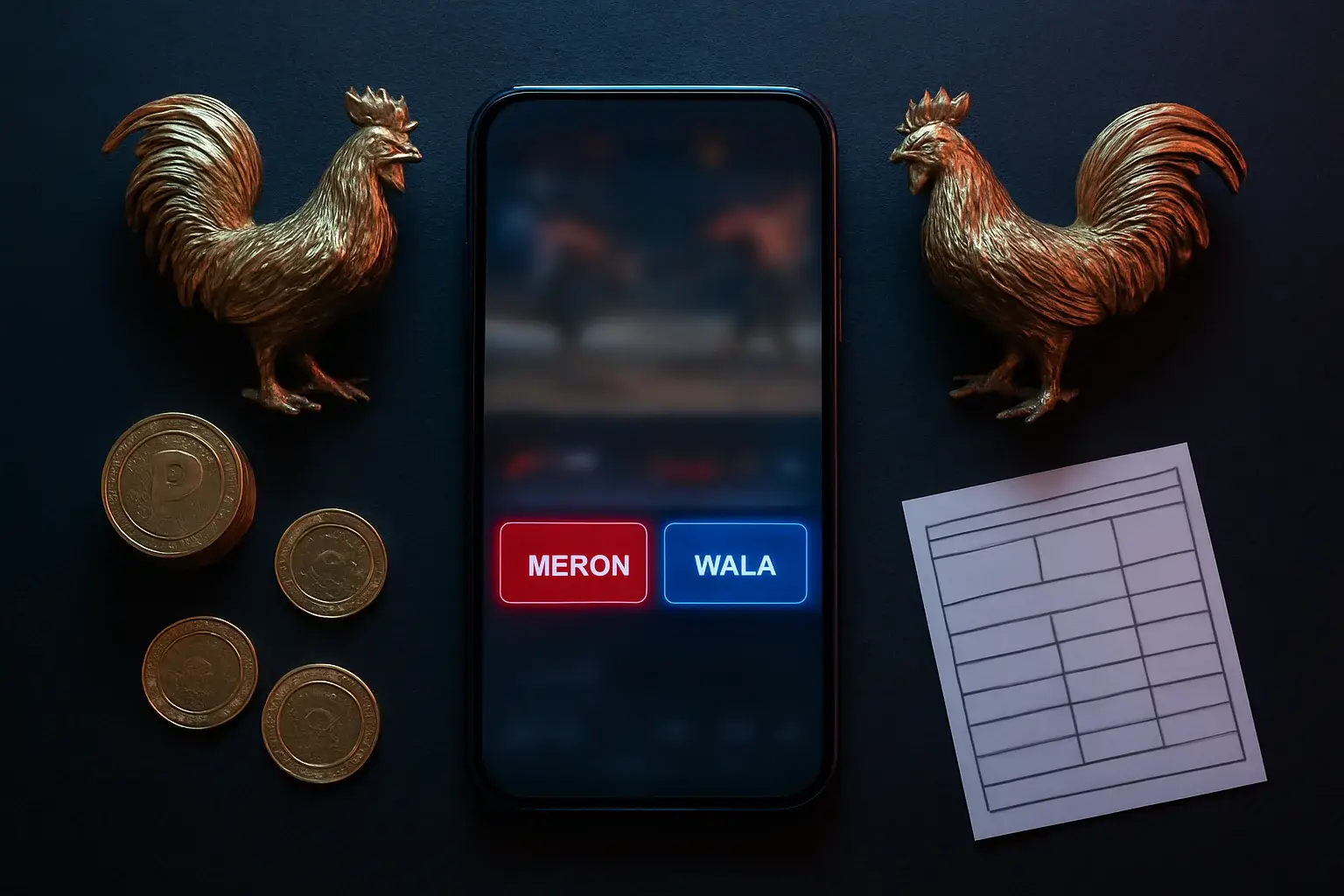 Smartphone sabong betting interface with golden roosters, peso coins, and casino chips