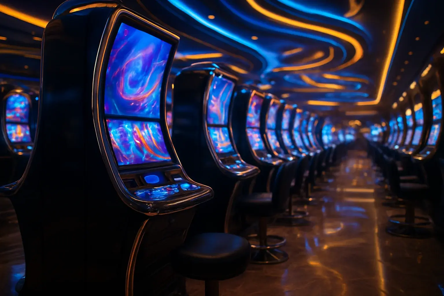 Hyperrealistic wide shot of Manila casino slots floor with blue gold lighting