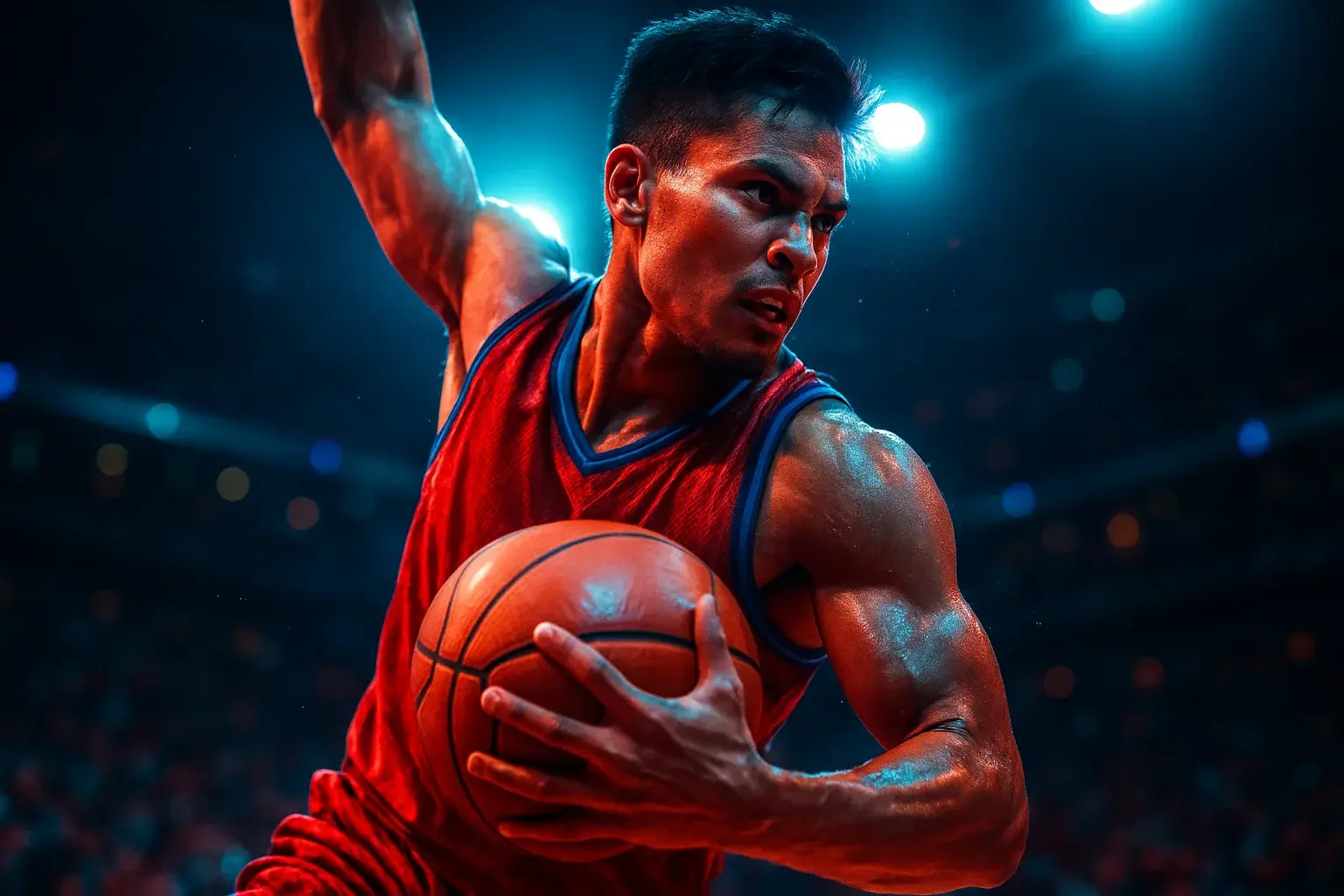 Filipino PBA basketball player mid-air driving to basket, intense close-up